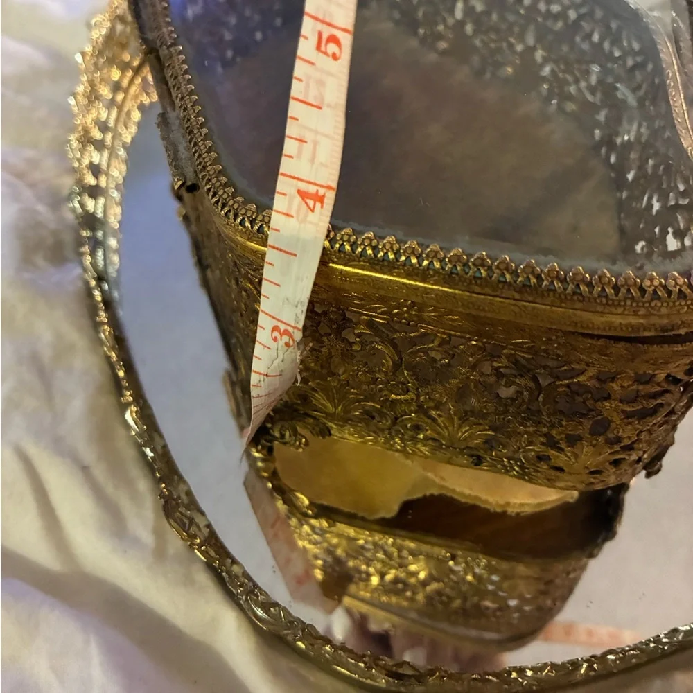 Vtg Gold Metal & Glass Footed Jewelry Box Hinged vanity W Smaller Box & Mirror